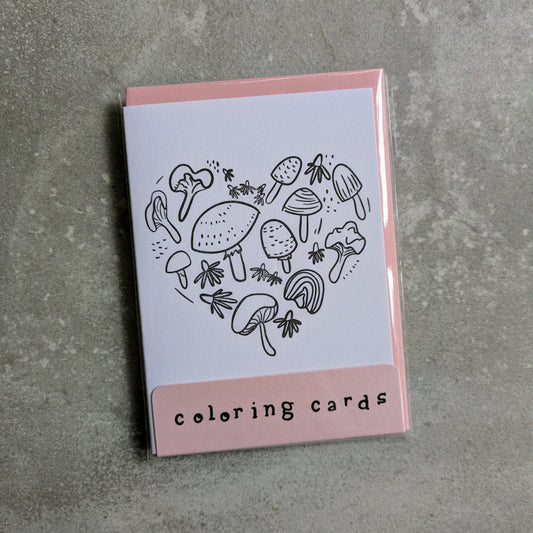 Mushroom Heart Letterpress Coloring Cards – Set of 4 | Mini A1 DIY Note Cards on Cotton Paper