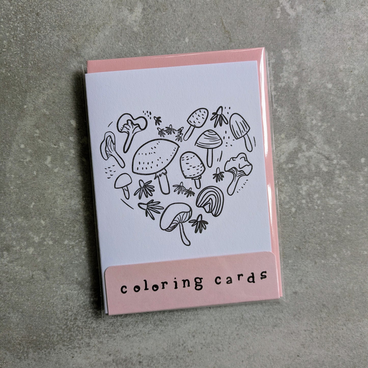 Mushroom Heart Letterpress Coloring Cards – Set of 4 | Mini A1 DIY Note Cards on Cotton Paper